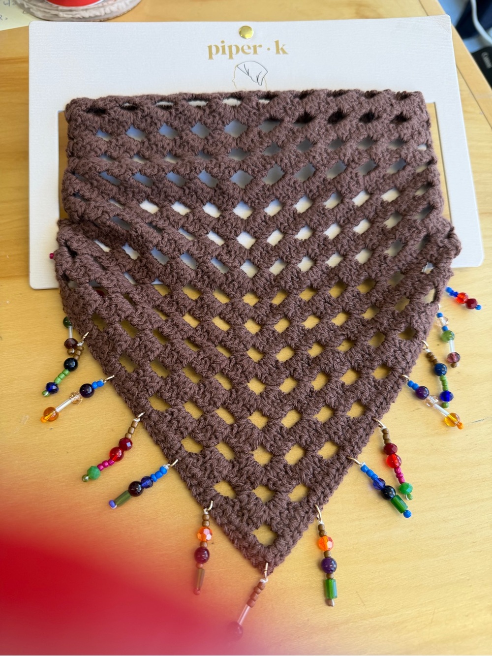 Piper-k Brown Crochet Beaded Triangle Beaded Hair/Neck Scarf